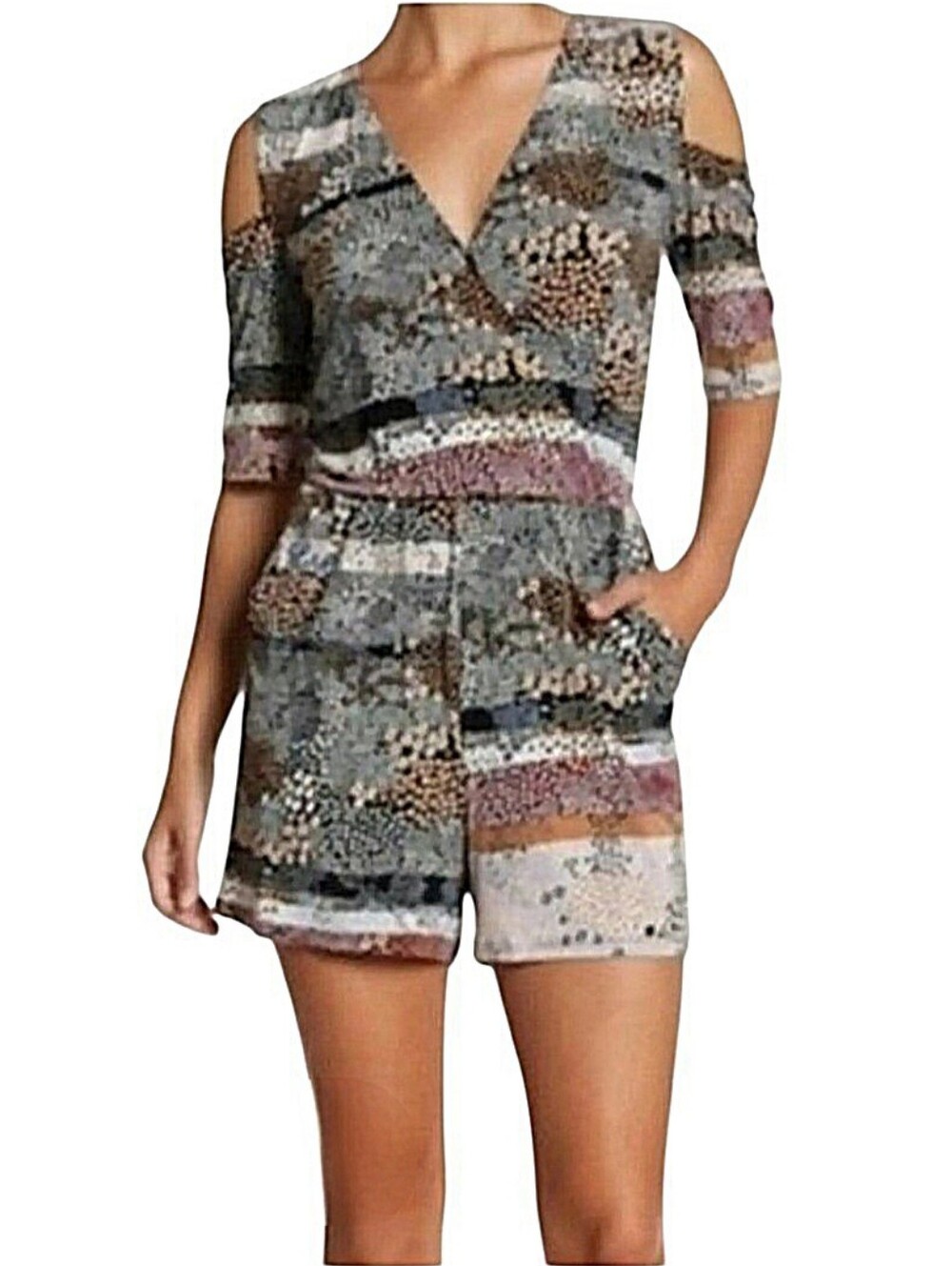 NWT BCBGeneration Cold Shoulder Romper Surplice Geo Dots Mod Rose Black Multi M
